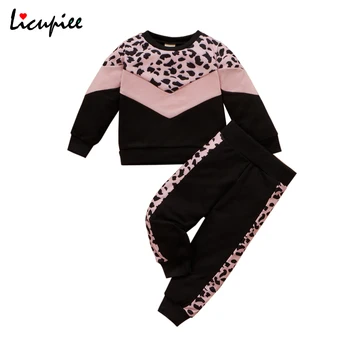 1-4 години Разпечатки с дълъг ръкав Детски дрехи с леопардовым принтом за момичета в контрастен цвят Блузи с дълъг ръкав и кръгло деколте+панталон с еластична талия