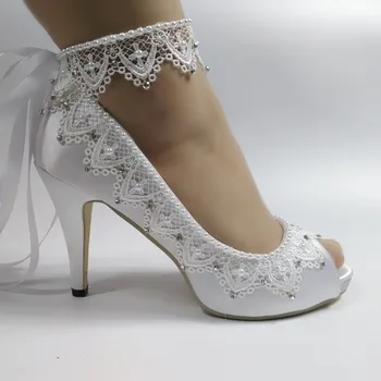 2020 Ново записване бели обувки с отворени пръсти за жени с джапанки на щиколотке Сватбени обувки, дамски официални обувки на висок ток 8 см./10 см.