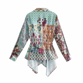 2021 Дамска мода с принтом на Дървесина риза с дълги ръкави и V-образно деколте Реколта блуза Случайни топ копчета Шик дамски блузи Жена haut femme