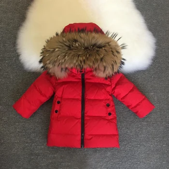 2021 Дълги топли палта за момичета Зимни кожени якета с качулка за малки момчета дебели Пухени детски зимни паркове Облекло Ветрозащитная детски връхни облекла