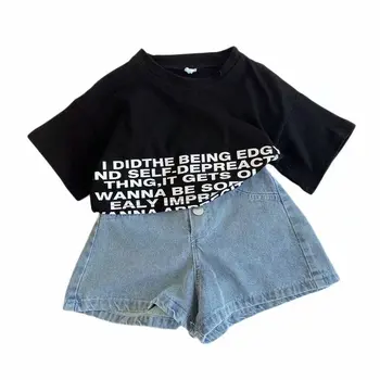 2021 Лятна детски дрехи с букви, комплект за момичета, Ежедневни дрехи за малките момичета, тениска с букви, дънкови къси панталони, комплекти, за деца, комплект дрехи