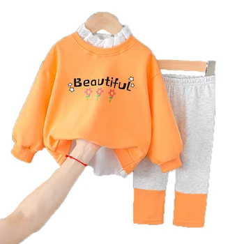 2021 Пролет Есен Костюми за момичета Нова мода Ежедневното Писмо Цветя Пуловер с дълги ръкави +Панталони 2 бр. Комплекти, за деца, дрехи за момичета