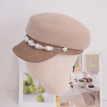 202109-hq-junmao есен зима нерегулярная перлена верижка от изкуствена вълна с полета шапка дама осмоъгълна шапка дамски очила шапка
