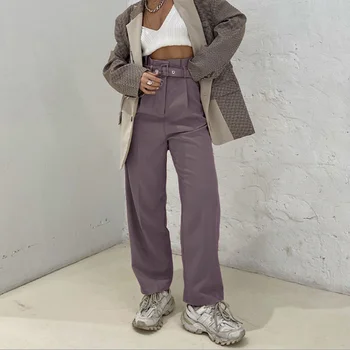 2022 Нови широки дамски панталони с колан с висока талия Обикновена свободни ежедневни панталони в стил Харадзюку в стил пънк с джобове Градинска облекло