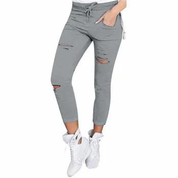 2022 Панталони-карго Дамски модни тесни панталони-карго с висока талия тесни ластични панталони-молив с разбитите дупки Обикновена улица панталони женски