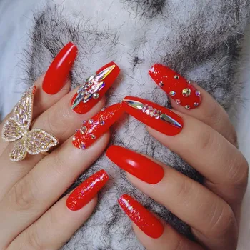 24шт луксозни мода ръчно изработени кристал диамант дълги, плоски режийни ноктите червен