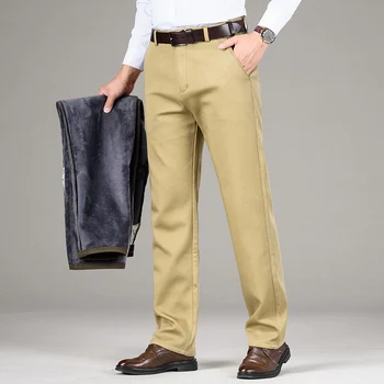 5 Цвята Зимни мъжки топли флисовые Ежедневни панталони в Класически Стил на Бизнес мода прави Панталони цвят Каки Модални дебели Панталони Мъжки марка