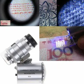 60x Мини Джобен LED УЛТРАВИОЛЕТОВА Бижутериен Лупа Микроскоп Стъклена Бижутерия Лупа
