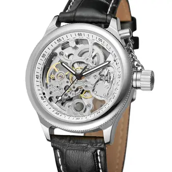 FOESINING модерни ежедневни мъжки часовници сребърен кръг корпус и циферблат черна кожена каишка автоматични механични часовници празничен подарък