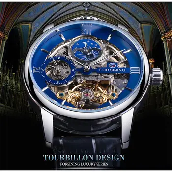 Forsining Двойна Часова зона Автоматични часовници-скелет със син циферблат Кожена каишка Водоустойчив Механични часовници с Фазата на Луната Мъжки Спортни часовници