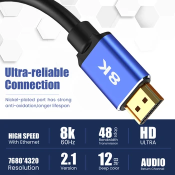 HD 8K HDMI-съвместим кабел HDMI-съвместим с 2.1 Високоскоростен кабел за Свързване на 48 gbps 8 До/60 Hz Кабел За TV HD Дърва Switcher