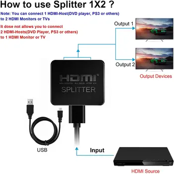 HDMI Сплитер 1 2 Изход, 4K Full HD 1080P 3D HDMI Switch Switch 1X2 Сплит-Усилвател за два монитора за HDTV DVD PS3 Xbox