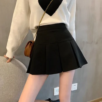 HOUZHOU плиссированная клетчатая пола, Дамски корейската мода Есен Реколта Чист стил с висока талия Черна мини пола трапецовидна форма за момичета