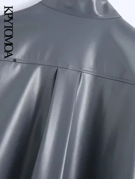 KPYTOMOA Дамска мода с лък от изкуствена кожа Свободни блузи Реколта с дълъг ръкав Външен джоб Дамски ризи Blusas Шик върховете