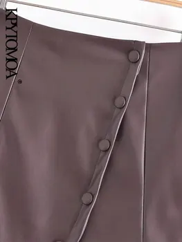 KPYTOMOA Дамски шик мода със затворени бутони от изкуствена кожа Мини-пола Реколта, с висока талия на бутоните Дамски поли Mujer