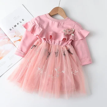 Keelorn Ежедневни рокли за момичета Пролетни детски окото лоскутные рокли за момиченца с дълъг ръкав Детска сладък дрехи с пайети и накъдрен