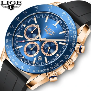 LIGE 2021 Нов Пилот Модерен Мъжки часовник Водоустойчив Силикон Кварцов златни часовници За мъже на Най-добрата марка на Луксозни Спортни часовници 24 часа+кутия