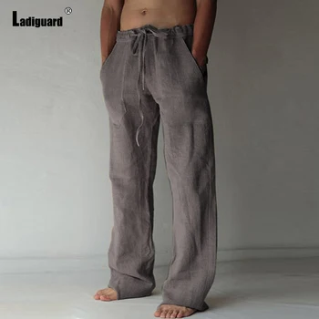 Ladiguard Мъжка Мода Памук, ленени панталони Обикновена Ежедневни преки Свободни панталони с завязками Плюс Размера на Мъжки Спортни панталони с покет дизайн