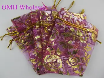 OMH търговия на едро с 50 бр. 17x23 см Цветя на любовта Розово сърце Коледна сватба воал подарък чанта, изработена от органза Златар опаковане на Подарък пакети BZ08