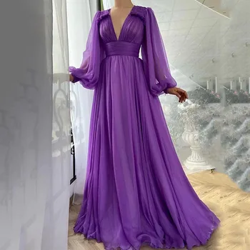 SoDigne Лилаво Линия За жени Дълга рокля за бала Линия с дълъг ръкав Модерна вечерна рокля с V-образно деколте Елегантни вечерни рокли 2021