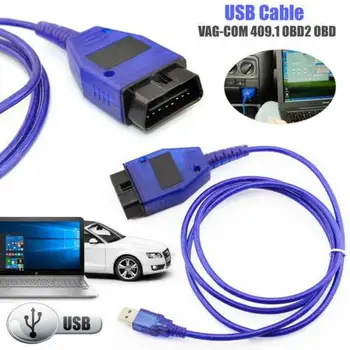 Автомобилен USB V W Vag-Com Интерфейсен Кабел VAG KKL-COM 409.1 II OBD2 Диагностичен Скенер за Автомобили OBD Кабел Автоматично Aux Trusk Син Монитор