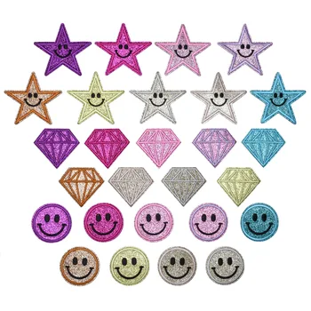 Блестящи Ивици с бродерия на усмихнато лице Термоклеящиеся Тъканни Етикети Цветни Звезда Желязо на Пентаграммах Иконата Диамант Апликация на Едро