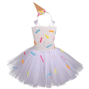 Бяла рокля-пакетче с бонбони за момичета, костюм за парти по случай рожден Ден, Детска танцова школа, Костюм за Хелоуин с превръзка на главата