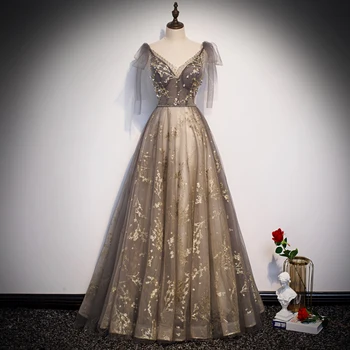 Вечерни рокли с V-образно деколте Кафе crystal трапецовидна форма с дължина до пода без ръкави с отворен гръб от дантела Плюс размера на Индивидуалното вечерна рокля R1358