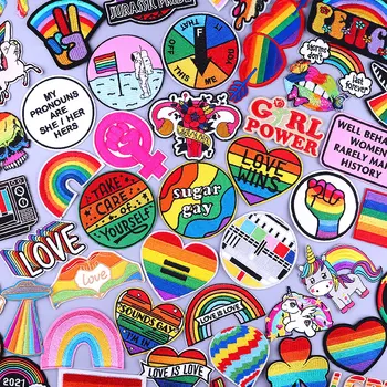 Гей ЛГБТ Гордостта Гали ивици по дрехите Феминистка Блестящо Облекло Термоклеящаяся нашивка за тъкани, Цветни Кръгли Стикери с сърце