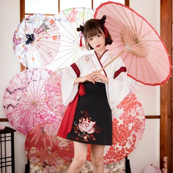 Горещо японското рокля Кимоно Жена Черно Бяла Котка Бродерия Поли Реколта Азиатската Дрехи Юката Хаори Cosplay Парти Комплект от 2 теми