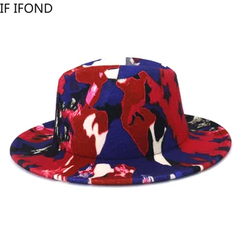 Градинска модельерская вълнена широка периферия шапка с широка периферия за жените и мъжете в британския стил, фетровая шапка с графити, джаз фетровая шапка