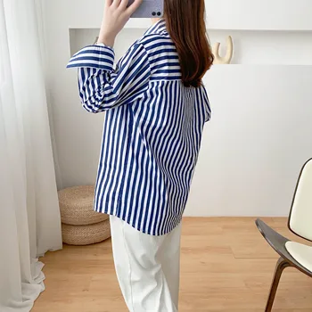 Дамска блуза с дълъг ръкав райе Риза с ревери 2020 Есенни дамски ежедневни блузи