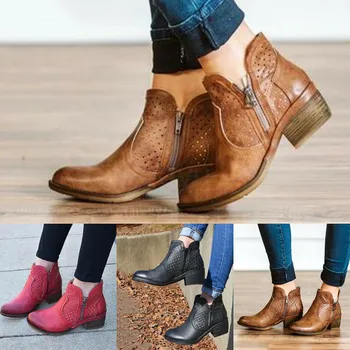 Дамски ниски ъгловати токчета в западна цип на глезените Зимни ботуши Обувки-Дамски обувки Градинска обувки Дамски обувки Zapatos De Mujer