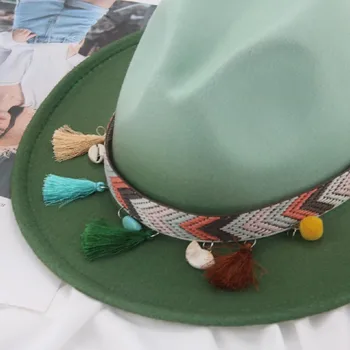 Дамски шапка Фетровая шапка Наклон цвят Зелен Червен Син Западна Ковбойская Панама Мъжка шапка на открито Фетровая шапка Pamelas Y Tocados Para Bodas