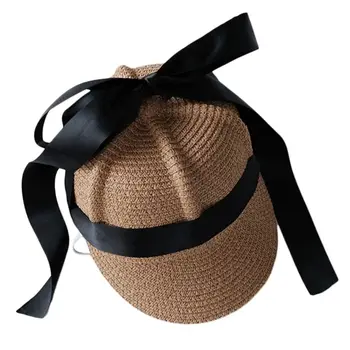 Детска лятна ракита слама бейзболна шапка от сладка карирана лента с лък, Солнцезащитная остроконечная шапка