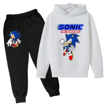 Детски комплект блузи с качулка Sonic Памучен hoody За момчета и момичета, Детски мультяшная играта Ежедневна мода Спортен костюм от две части 3-14Age