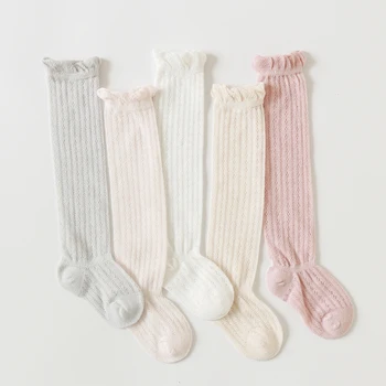Детски летни чорапи до коляното за момичета Новородени Бебета, за Деца Бебешки Бели памучни окото с волани и рюшами, дълги дантелени чорапи, Модни