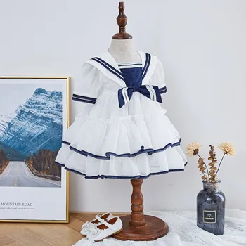 Детско испански Бутиков рокля за момичета, Детски дизайнерски рокли за деца за момичета в тъмно синьо стил Рокли WN037