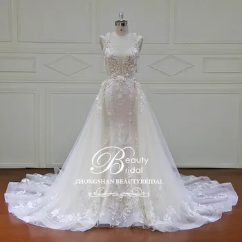 Елегантни Булчински рокли с подвижна влак, направен по поръчка, Дантелено перлена сватбена рокля Русалка без ръкави, Vestido de Noiva XF17011