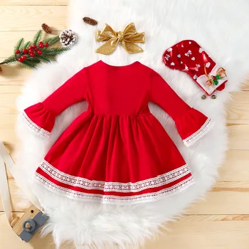 Есента е 2 бр. за малки момичета Новородени Деца Коледна рокля с превръзка контрастен цвят О-образно деколте с дълъг ръкав Трапециевидное рокля шапки