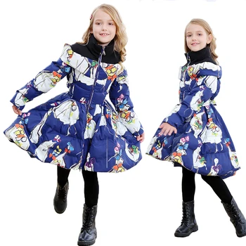 Зимно палто за момичета 2021 Зимни детски дрехи памук пух Принцеса за момичета, Дълго палто с принтом яка-часова Дрехи за малките момичета