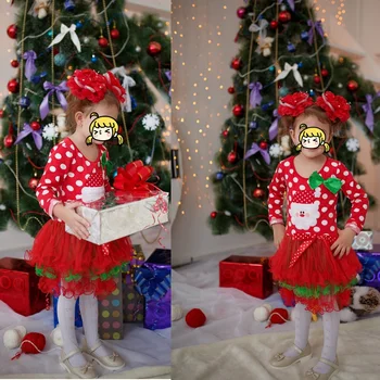 Коледна рокля с дълги ръкави, Червен пуловер в грах, Вязаная Детски дрехи, Коледна Принцеса рокля с набор за момичета 2-6 Години, Децата