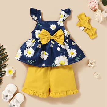 Комплект летни дрехи за новородени момичета 2020 г. Годишни деца 1-4 години За момичета Детски дрехи Превръзка на главата+Капаци+Панталони 3 бр. Костюми за малките момичета