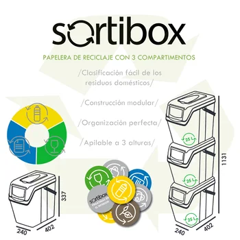 Комплект от 3 кубчета за рециклиране SORTIBOX Prosperplast с капацитет 75 литра с цветен кабинета официален магазин