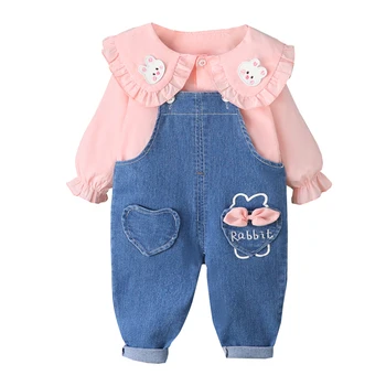 Комплекти дрехи за малките момичета Пролетни бебешки тениски с мультяшными комбинезонами за деца Детски съоръжения принцеса свързани с лък Детски спортни дрехи