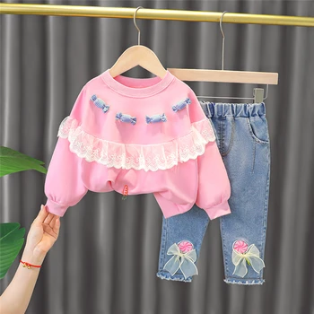 Комплекти дрехи за малките момичета 2021 Есента на детска лейси тениска с бонбони, дънки с лък, Детски Ежедневни спортни облекла, детски дрехи, облекло