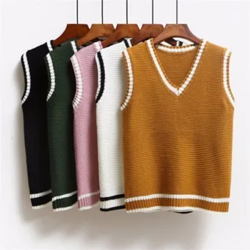 Корейски стил Модерен женски пуловер без ръкави Жилетка 2021 V-образно деколте вязаный пуловер Женски пролетно-есенна жилетка Топ Трикотаж на Горно облекло