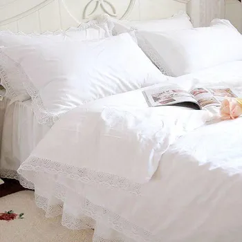 Кратък комплект спално бельо принцеса елегантно спално бельо с бродерия завързана дизайн пухени пола за легла романтично спално бельо с къдри чаршаф се продава