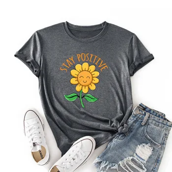 Лятна дамска тениска с хубав щастлив цветисти принтом с къс ръкав Памучен графична тениска Ежедневни Дамски тениска с кръгло деколте