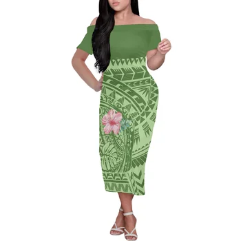 Лятна рокля без презрамки с открити рамене с къс ръкав до коленете Дълга рокля Полинезийски племе с принтом хибискус Пола-Секси вечерна рокля